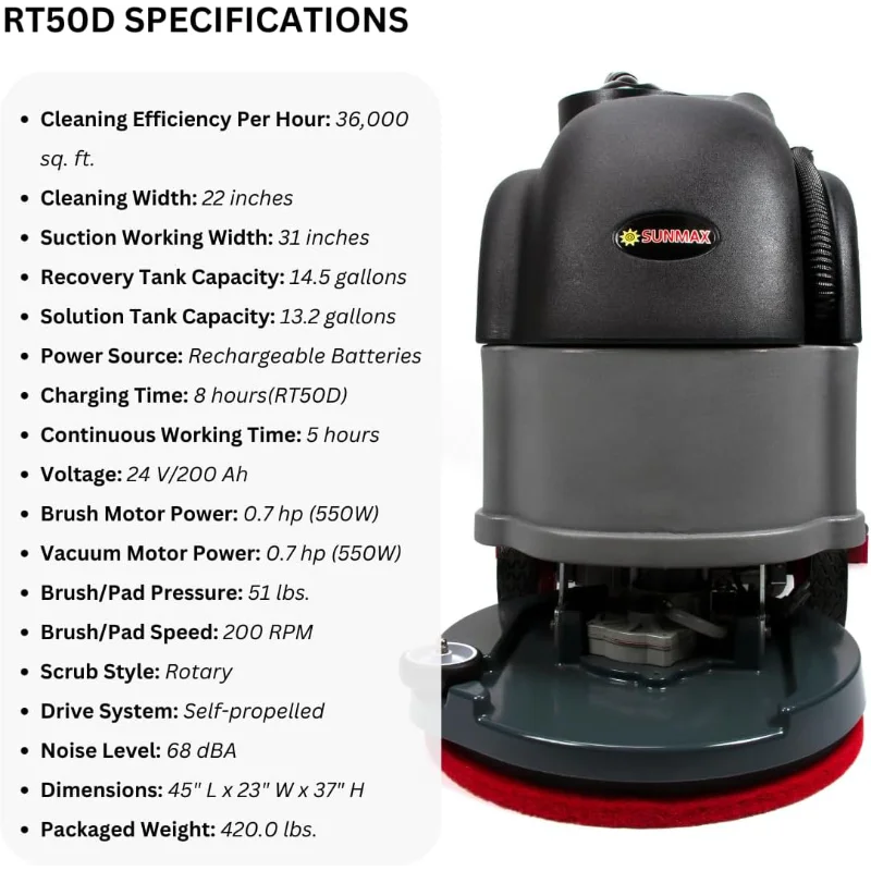 Machine de séchage d'épurateur de sol automotrice de 22", ensemble complet de pièces, largeur de raclette de 31", réservoir d'eaux usées de 14,5 gallons, 36000 pieds carrés/h