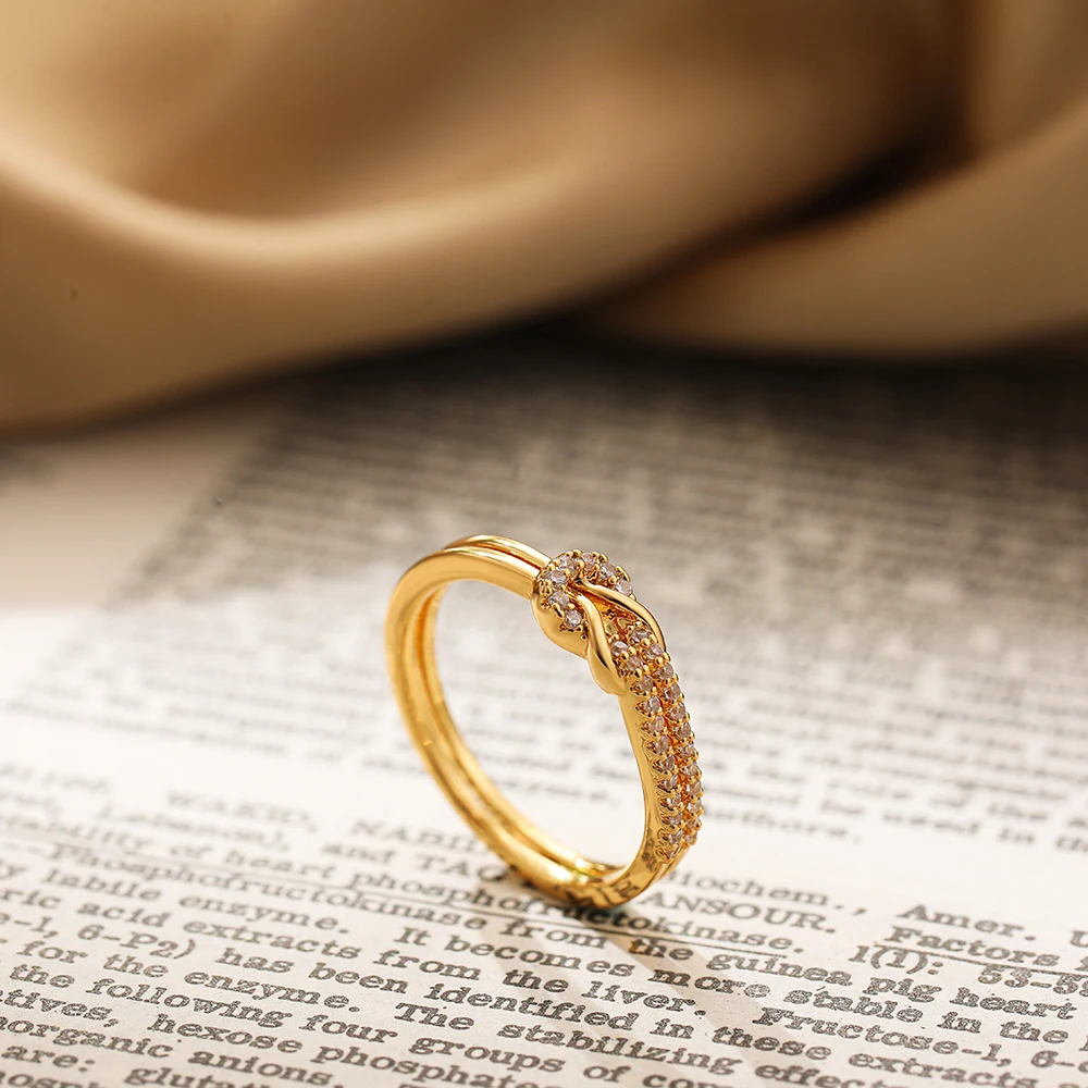 Simple Bilayer Geometric Knot Couple Rings Luxury Shinny Zircon Bride Engagement Wed Jewelry Accessories