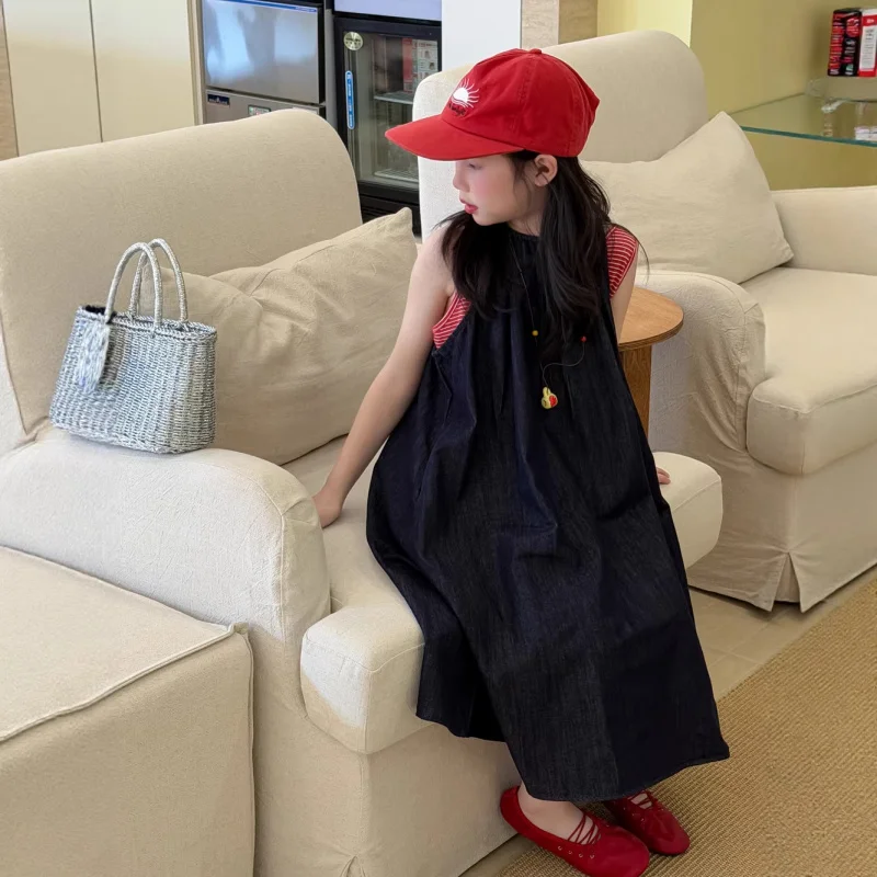 

Children's Little Meng Dress2026Spring girls' loose denim vest dress, versatile casual retro dress