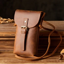 Men Vintage Cowhide Leather Shoulder Bag Handmade Genuine Leather Mini Retro Cowhide Cross body Bag Casual Travel Cell Phone Bag