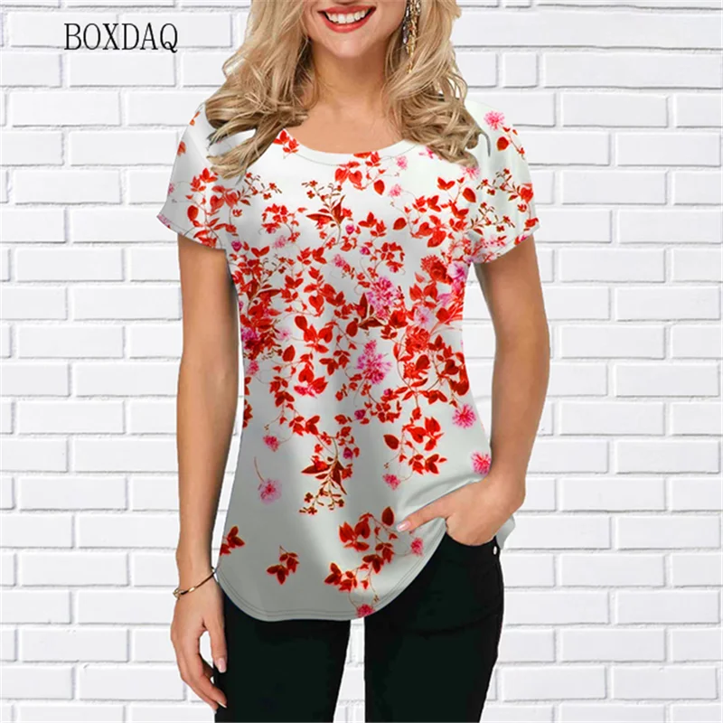 Plant&Flowers Women T-shirts Short Sleeve Round-Neck Casual Female Oversized T Shirt 3D Floral Printed Street Ladies Tops Tees