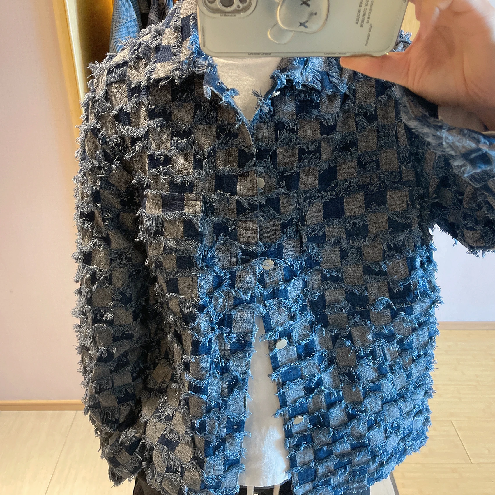 

Fall Winter Plaid Denim Jaet Men's Hip Hop Sle High Street Faion Square Collar Single Button Long Sve Warm Outerwear