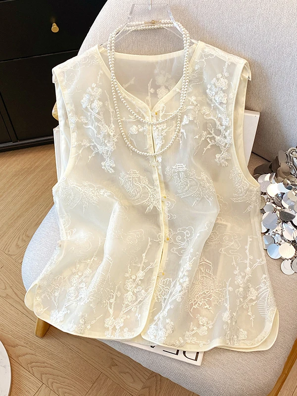 새로운 중국 스타일 자수 꽃 조끼 여성 여름 야외 고급 경량 럭셔리 민소매 탑 출퇴근 스타일