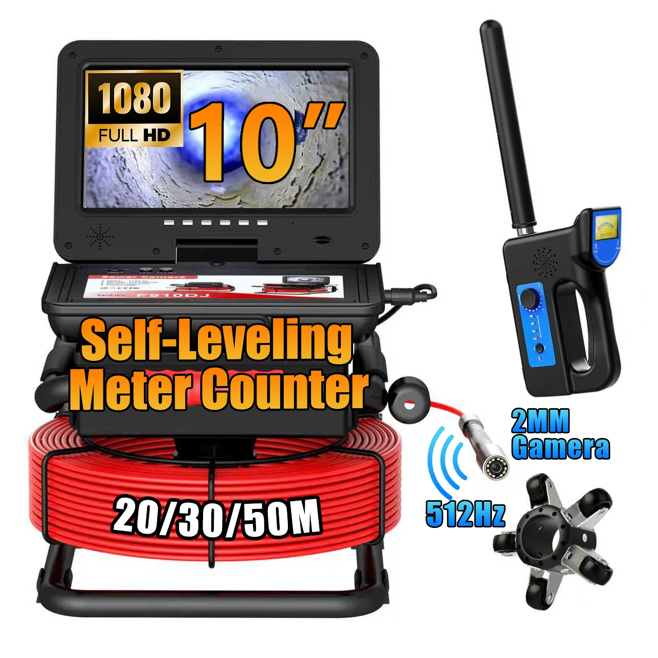 Sewer Inspection Camera - 512Hz Self-Leveling Sewer Camera with Meter Counter, IP68 Waterproof Endoscope Camera with 10