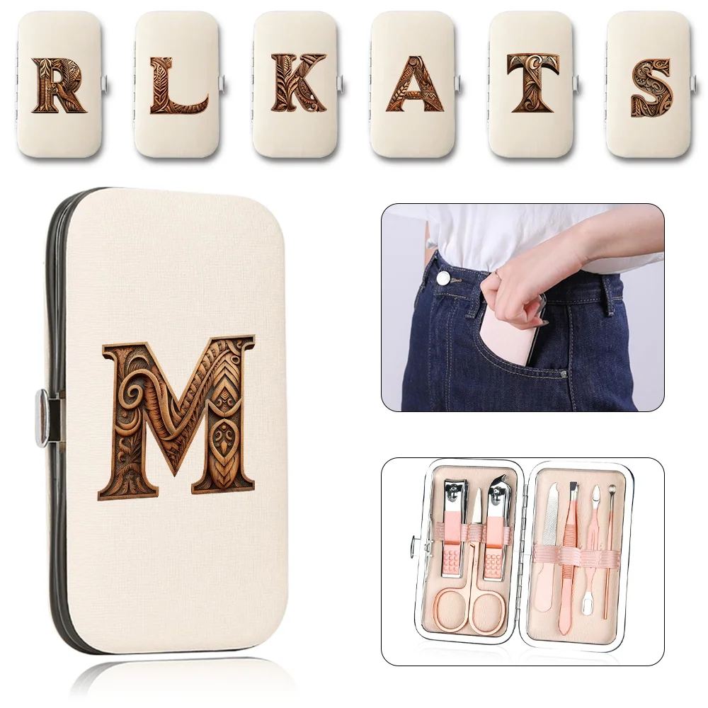 7Pcs Portable Manicure Set PU Box  Nail Clippers Kit Stainless Steel Pedicure Care Tool Pocket Organizer Wood Art Letter Pattern