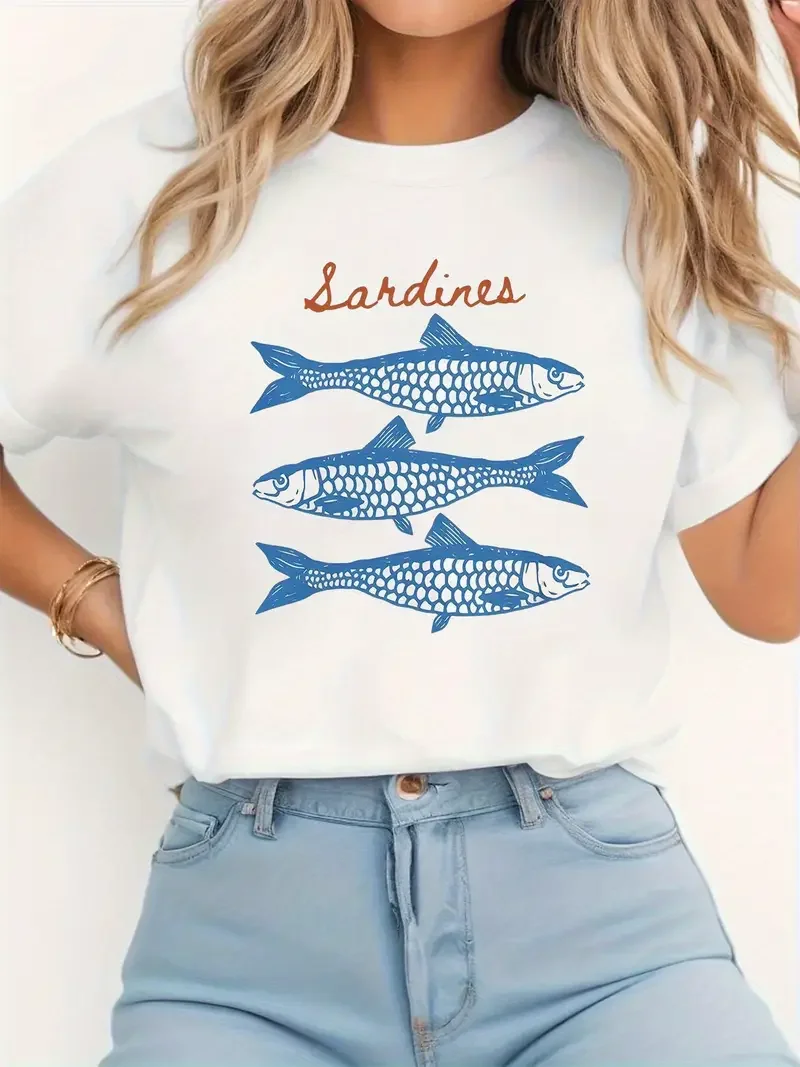 

Casual Women's T-Shirt Trendy Sardine Marine Animal Print Short-Sleeved Top Cotton Soft Breathable New Summer Tee Street Wear
