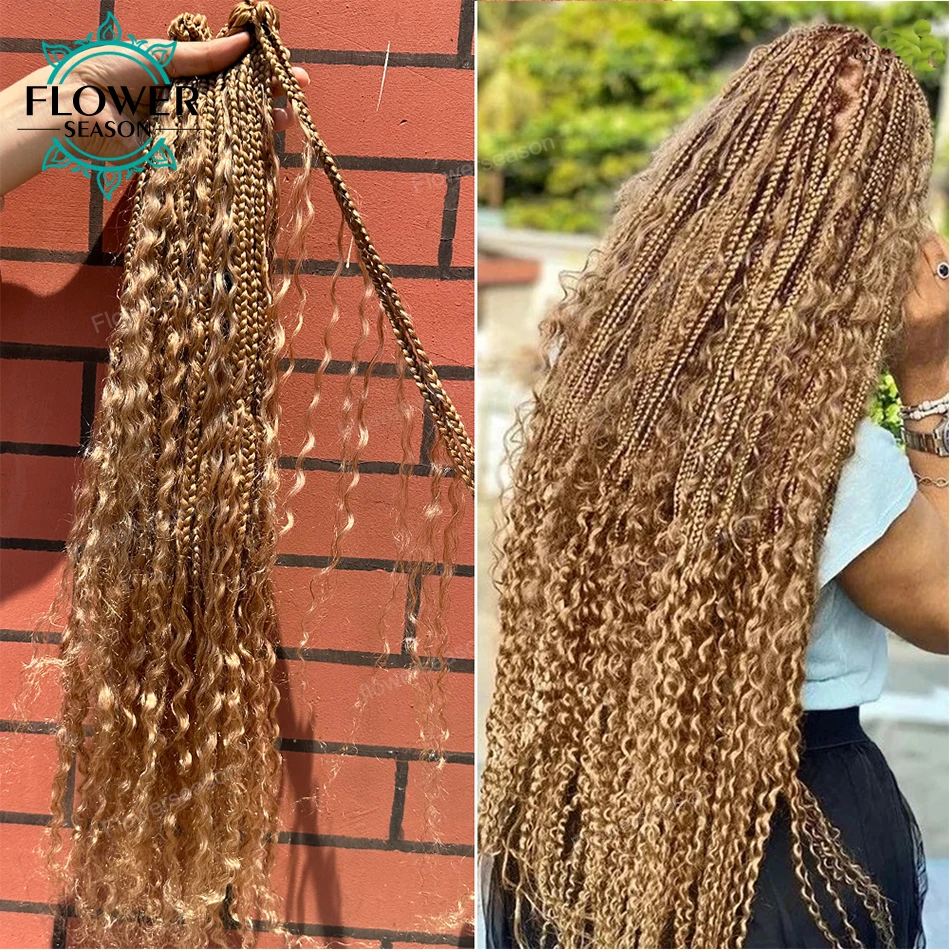 Trenzas de caja Boho de ganchillo con rizos de cabello humano #27, rubio miel, marrón, cabello preenrollado, puntas de cabello humano de onda profunda