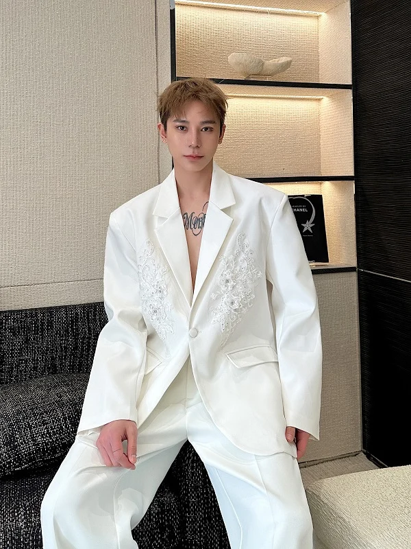 

Casual Sle Embroidered Floral Loose Fit Men's Trendy All-Season Tee-Button Notch Collar Suit Jaet for Youth