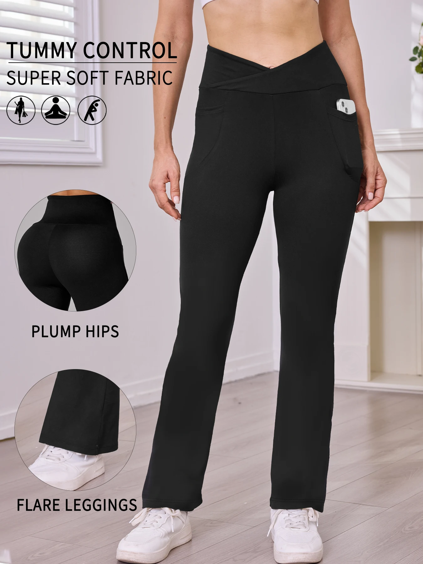 Super Soft Crossover Leggings Women High Waisted Flare with Pockets Tummy Control Yoga Pants