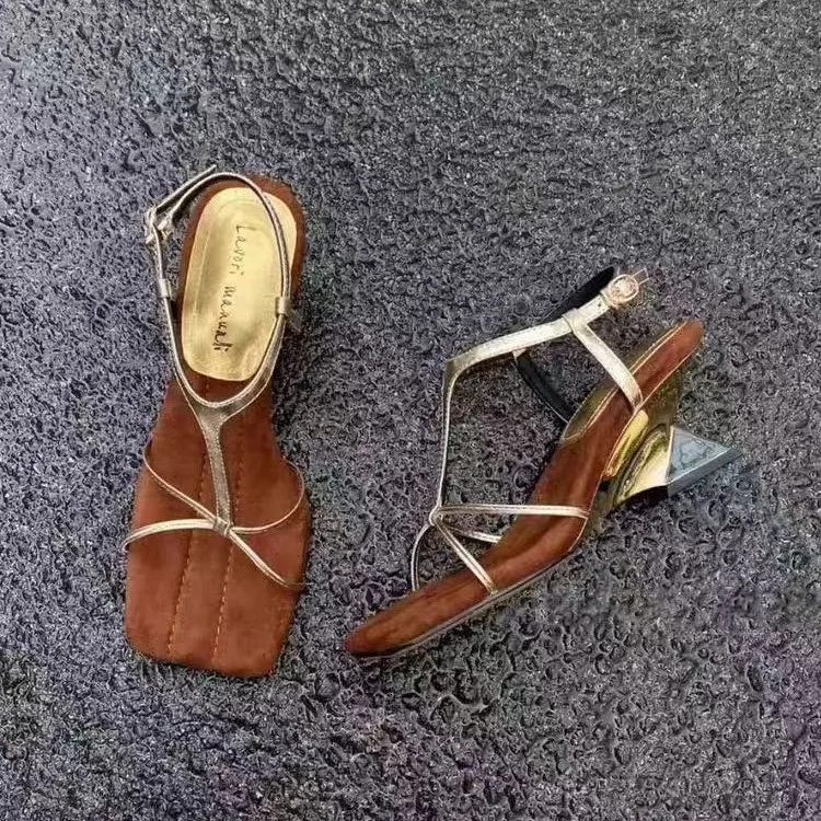 Beige Heeled Sandals Buckle Strap Retro Woman Shoes Black Sexy Open Pointed Original Comfort Low Rhinestone Stiletto Closed Cat