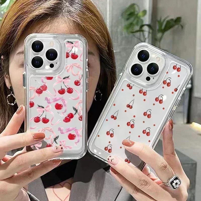 Soft Clear Phone Case For iPhone 15 Cases iPhone 14 13 12 11 Pro Max XS X XR 7 8 15 14 Plus SE 2020 Cherry bowknot Pattern Cover