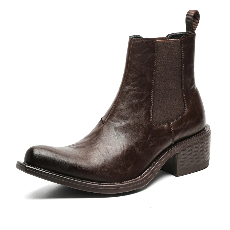 أحذية تشيلسي عالية الحجم للرجال على الموضة من Punk Rock باللون الأسود والبني سهلة الارتداء أحذية رعاة البقر الأصلية من الجلد مصممة للكاحل