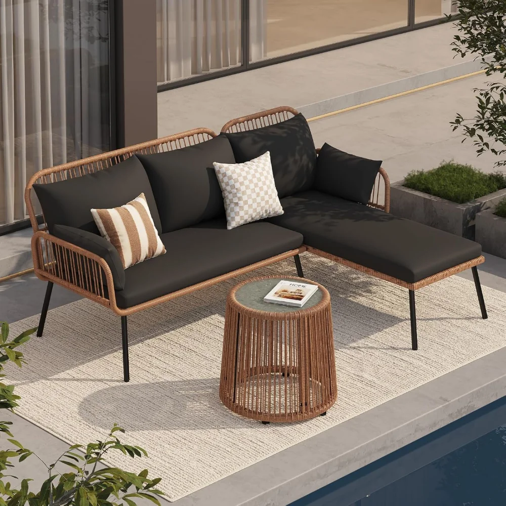 

Patio Furniture Set, 3 Piece Wicker Rattan Outdoor Sectional Furniture, L-Shaped Patio Conversation Sofa