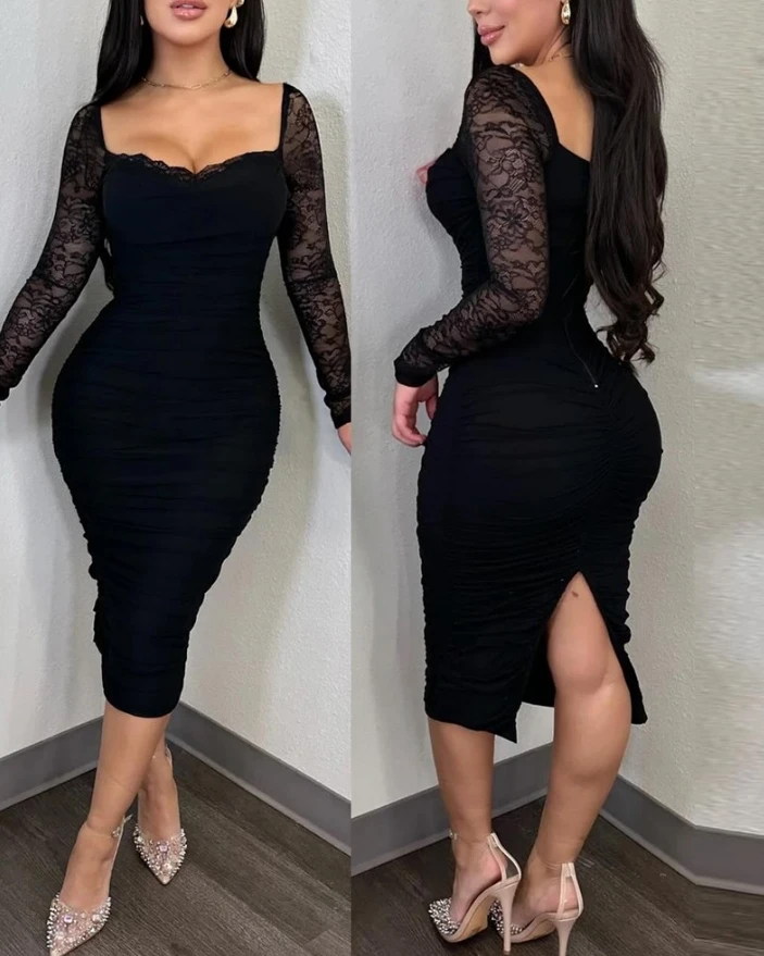 

Womens Dresses 2024 Spring Fashion Long Sleeve Sexy Low Cut Slit Bodycon Solid Color Lace Ruched Daily Mid-Calf Dress