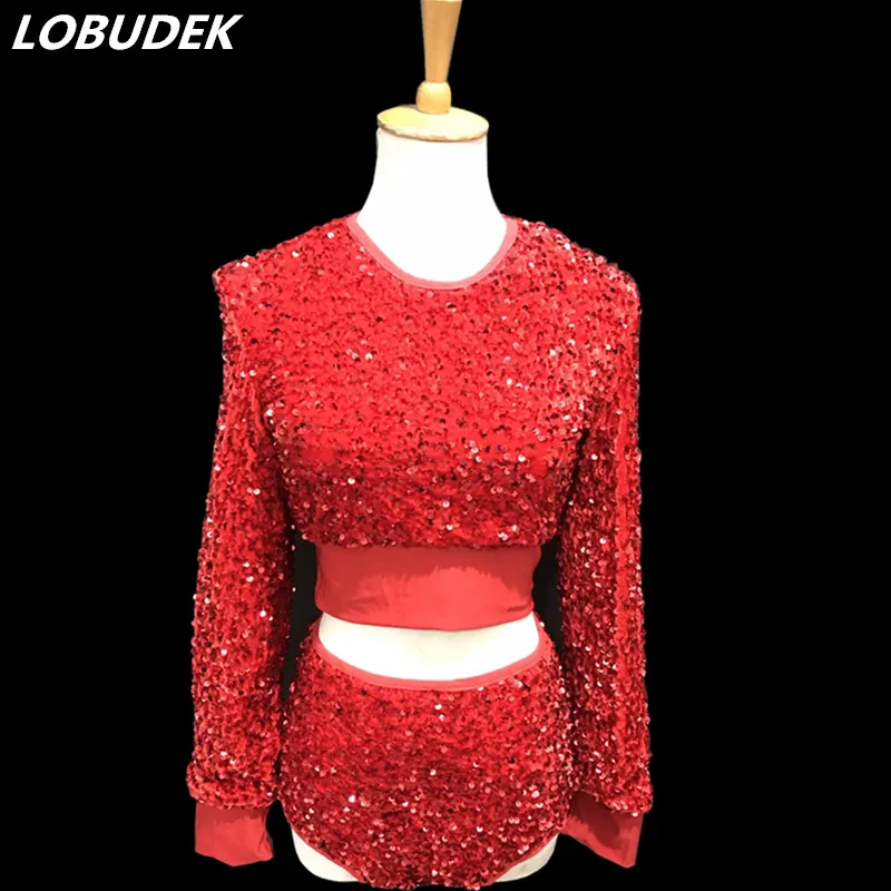 

Female Dancer Team Jazz Modern Dance Costume Red Black Sequins Tops Shorts 2-Pieces Set Nightclub DJ Singer Sexy DS Stage Wear