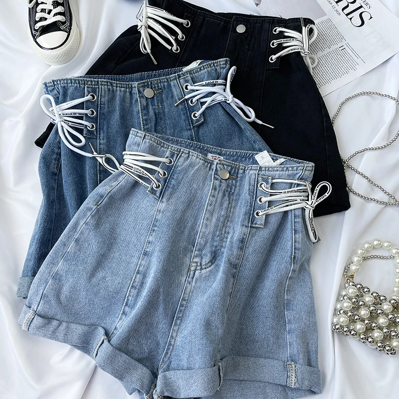 Women's New High Waist Denim Shorts Summer Tie-up Design Strap A-line Wide Leg Pants Loose Slimming Curly Edge Cowboy Pants