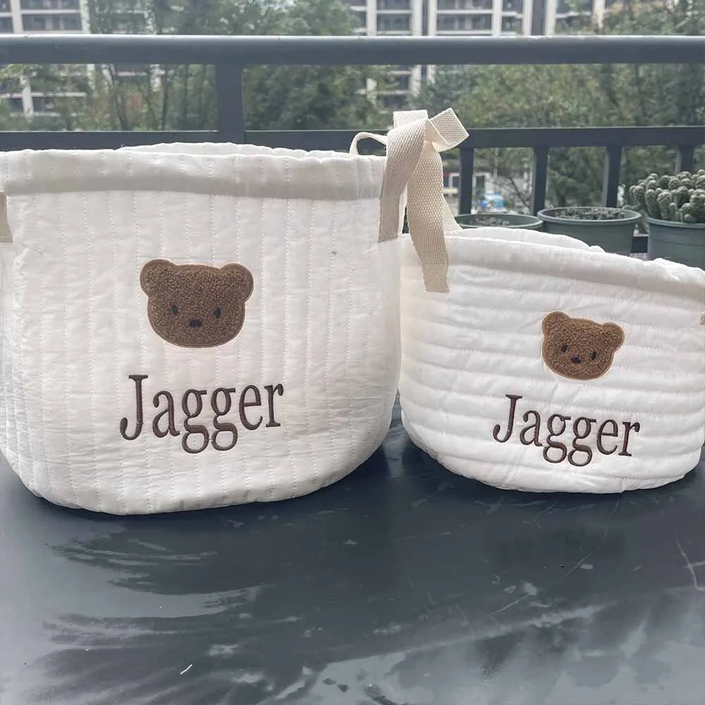 Personalized Name Cute Bear Storage Basket，Embroidered Baby Item Storage Bag，Newborn Diaper Sorting Basket with Customized Name