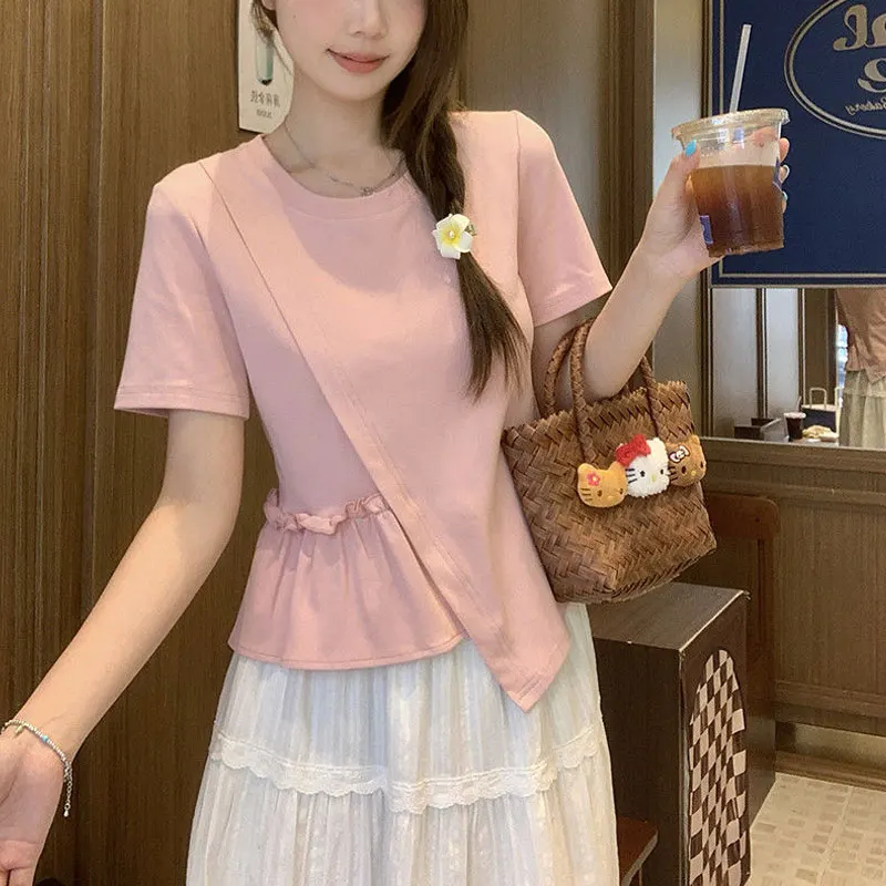 

Stylish Irregular Folds Spliced Pullovers Summer Casual Solid Color Female Clothing Basic Round Neck Chic Asymmetrical T-shirts