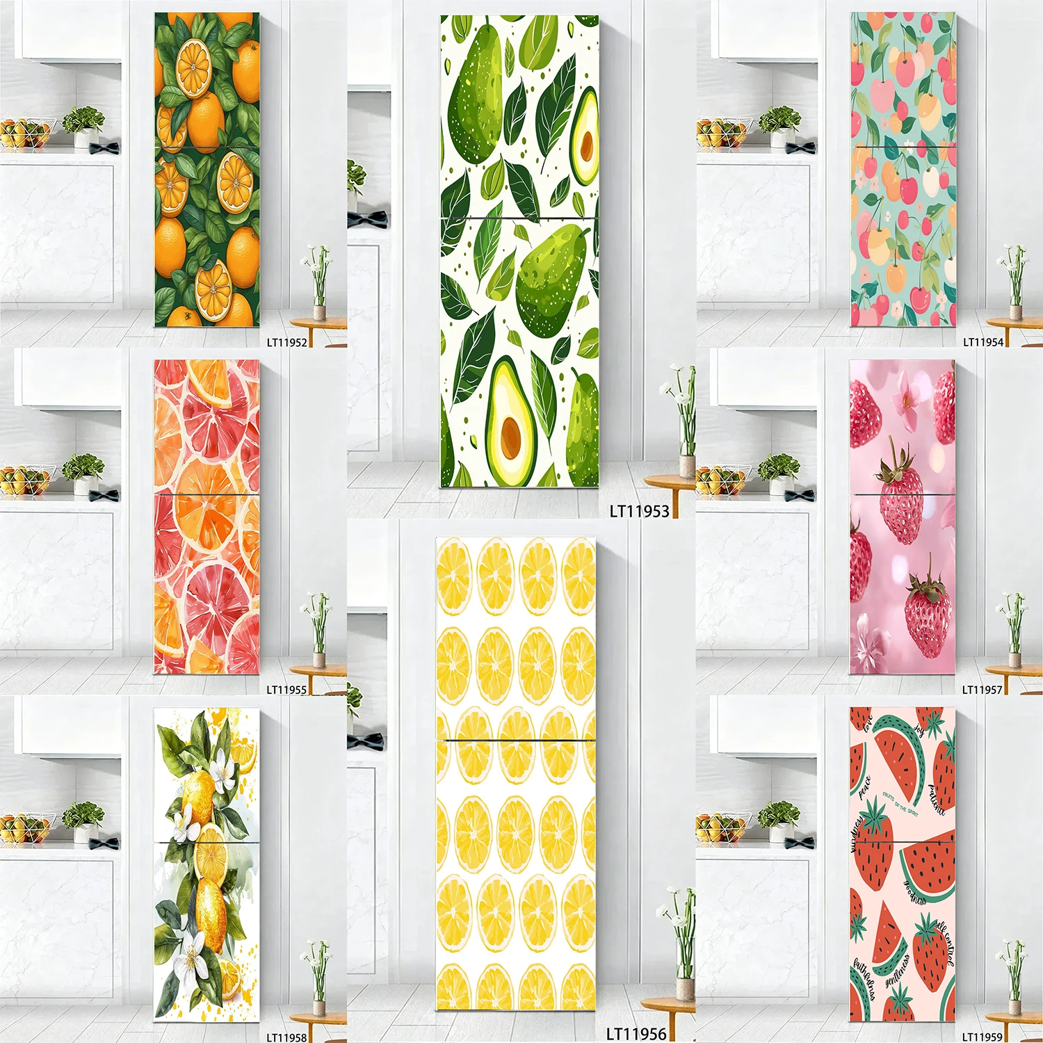 

Vibrant Colorful Tropical Fruit Blueberry Lemon Pattern Refrigerator Door Sticker Waterproof Self-Adhesive Fridge Decal