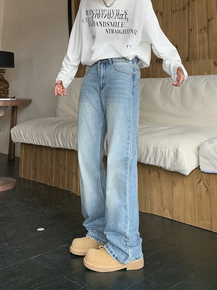 

Мужские джинсы свободного кроя с прямыми штанинами, средней посадкой, удлиненные, расклешенные, светло-голубые, в американском ретро-стиле, повседневные, модные