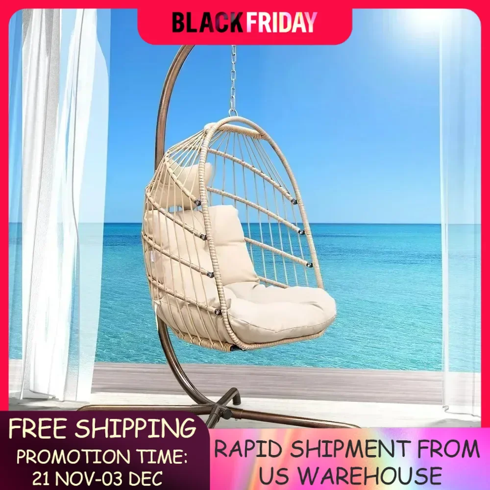 Egg Chair,with Stand Outdoor Swinging Egg Chair with Water Resistant Cushions PE Rattan Wicker Egg Chair Foldable Basket