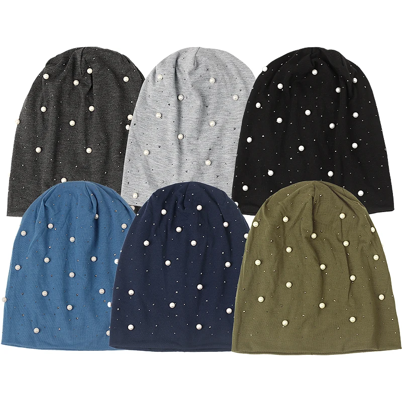 Women Pearl Rhinestones Beanie Headgear Solid Soft Autumn Winter Cap For Female Bonnet Fashion Knitted Autumn Outdoor Beanie