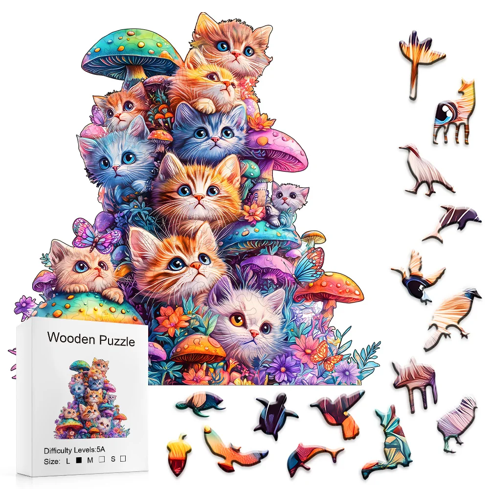 

Wooden Puzzle for Adults, Mushroom Aad Cat Wooden Jigsaw Puzzles for Adult, Unique Animal Shape Wood Cut Puzzles,Christmas Gift