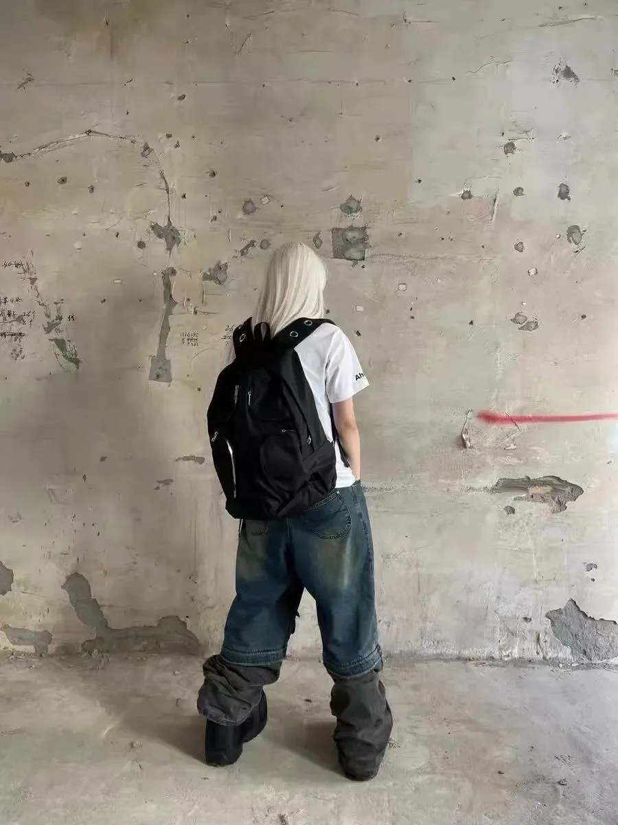 Unisex Punk Style Tactical Backpack - Multi-Layer Zipper Organizer with Metal Ring Shoulder Straps, Durable Nylon Black Rucksack