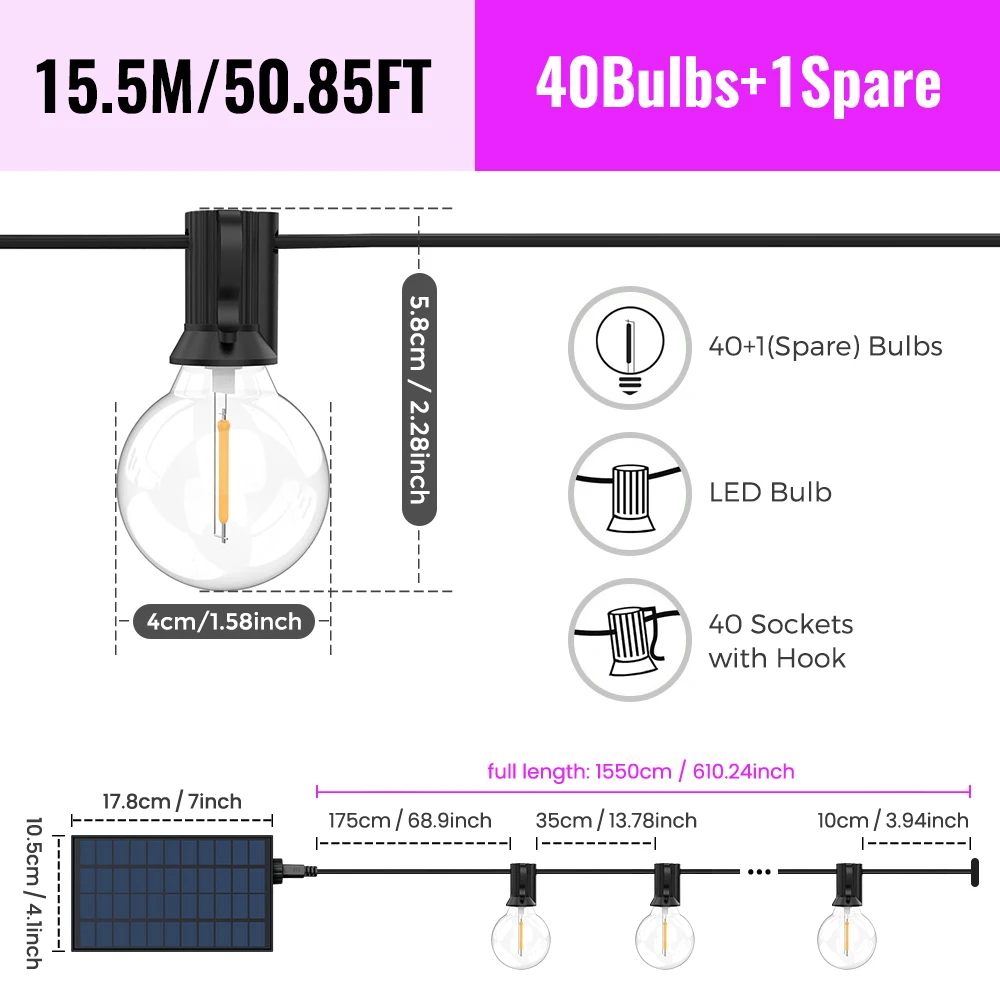 aiopp G40 LED-Solar-Lichterkette in Warmweiß mit Fernbedienung und 8 Blinkmodi – einstellbare Helligkeit, wetterbeständig für Ga 7