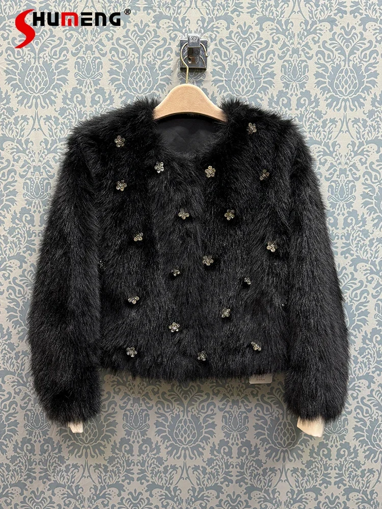 Women's 2024 Autumn Winter New Faux Fur Jackets Female Bead Diamond Fashion Round Neck Long Sleeve Artificial Fox Fur Chic Tops