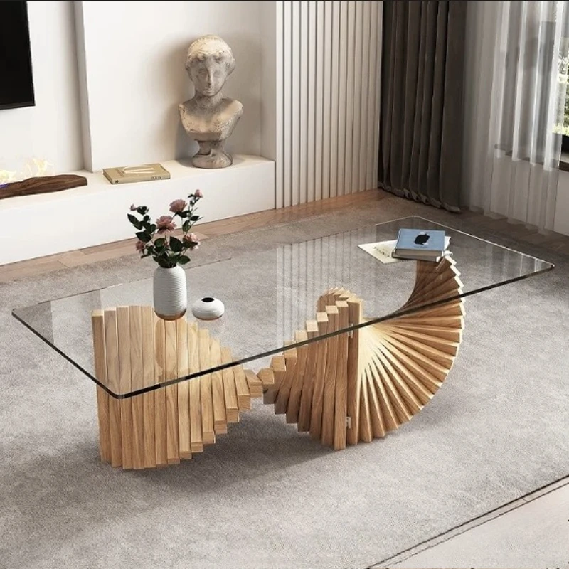 

2024 new modern light luxury glass wood chassis long coffee table living room home