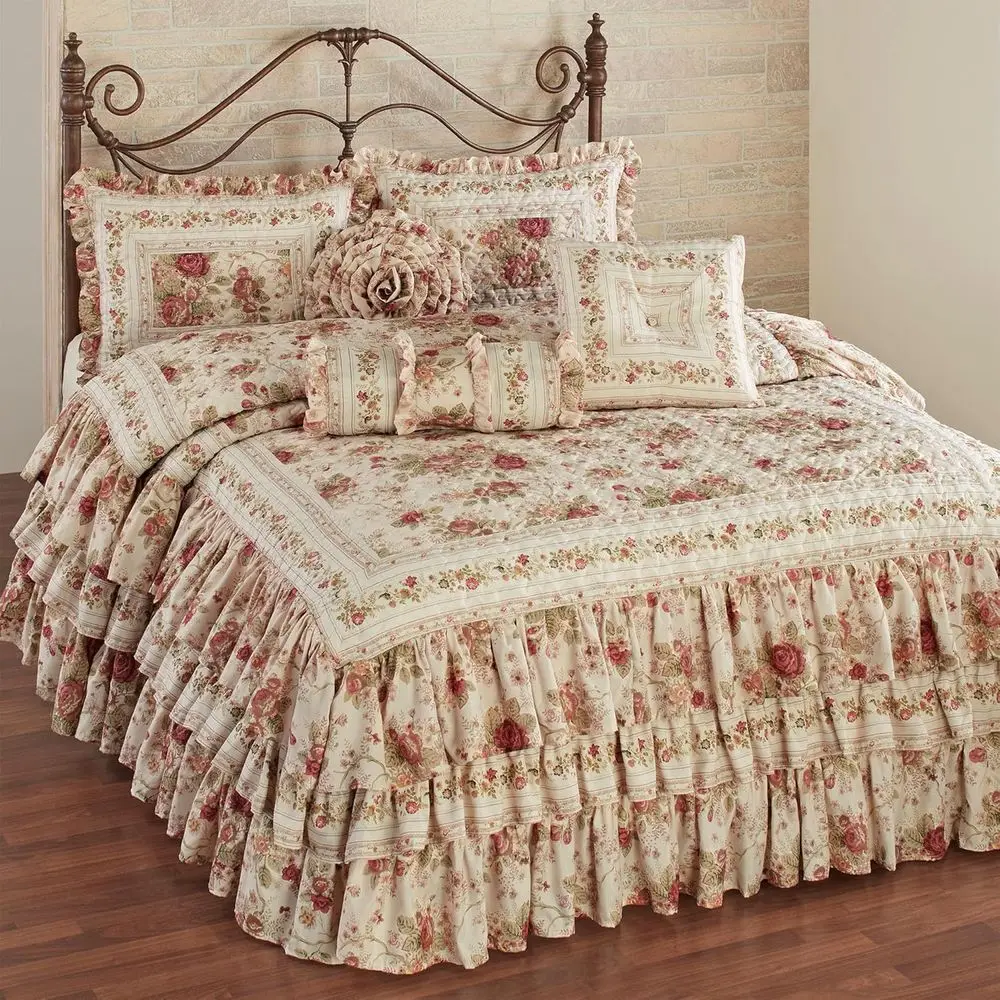 

Heirloom Rose 6-Piece Queen Bed Set | Vintage loral Bedding with Bedspread, Shams & Decorative Pillows | Vermicelli Quilted Cott