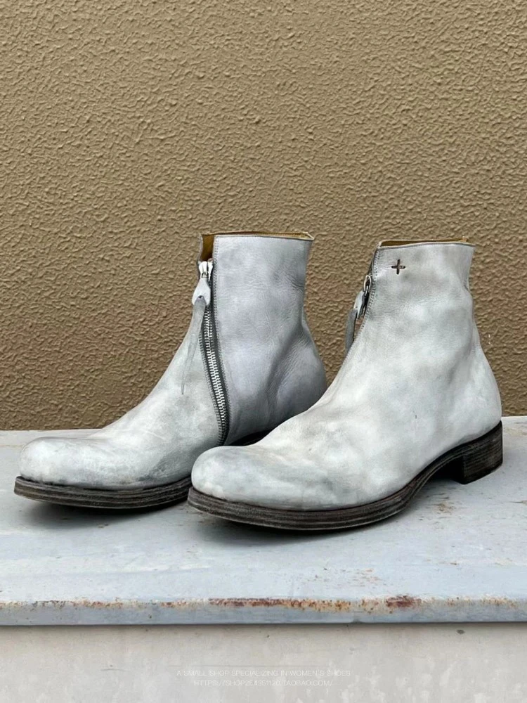 Men's Distressed Leather Ankle Boots Side Zipper Low Heel Vintage Minimalist Style for Everyday Outings Fashion-Forward Looks