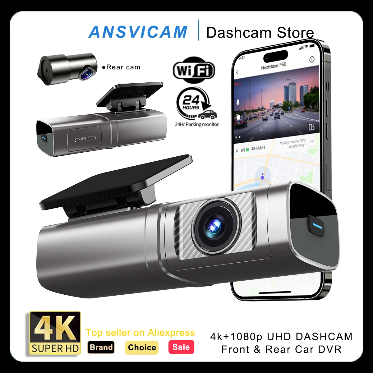 

ANSVICAM 4K Front and Rear Dash Cam Dual Car Camera Recorder with GPS 24H Parking Mode G-Sensor Loop Recording WDR Night Vision