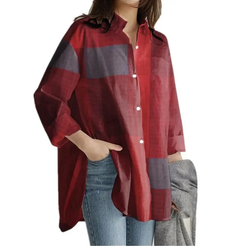 Lady Irregularity Blouses Casual Single-breasted Full Sleeve Shirt Women\'s Blouses Autumn/winter Shirt Fashion Loose Plaid Women