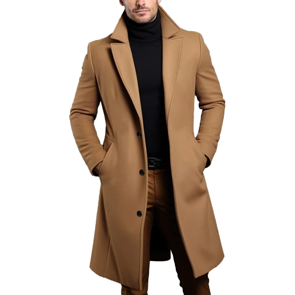 

Men's Long Casual Windproof Warm Black Khaki Trench Coat Solid Color Mens Single Breasted Luxury Gentleman Wool Blended Coat