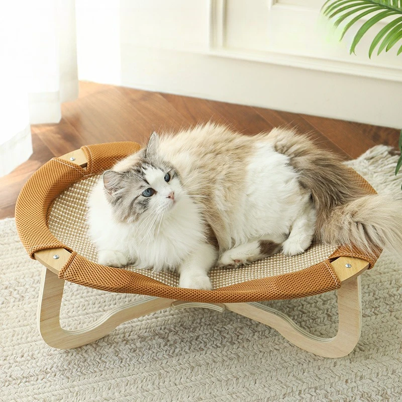 

All-Season Wood Cat Bed ,Large Summer Hammock Cat Nest with Cooling Mats, Cozy Kitten Bed & Pet Hanging Basket,for Cats