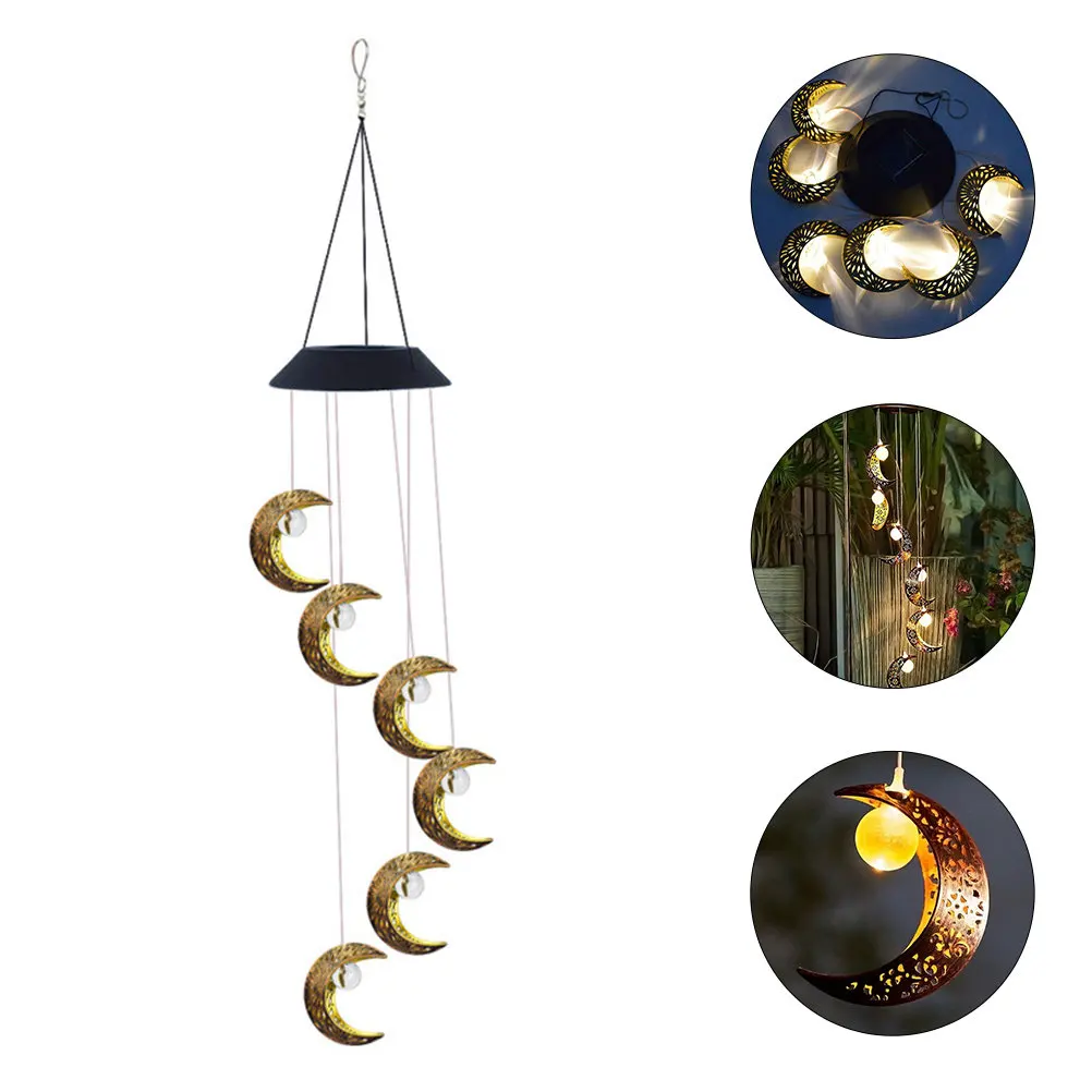 Moon Shaped Wind Chime Lamp Solar Powered Hanging Decoration Plastic Material Outdoor Garden Pendant Light Gift