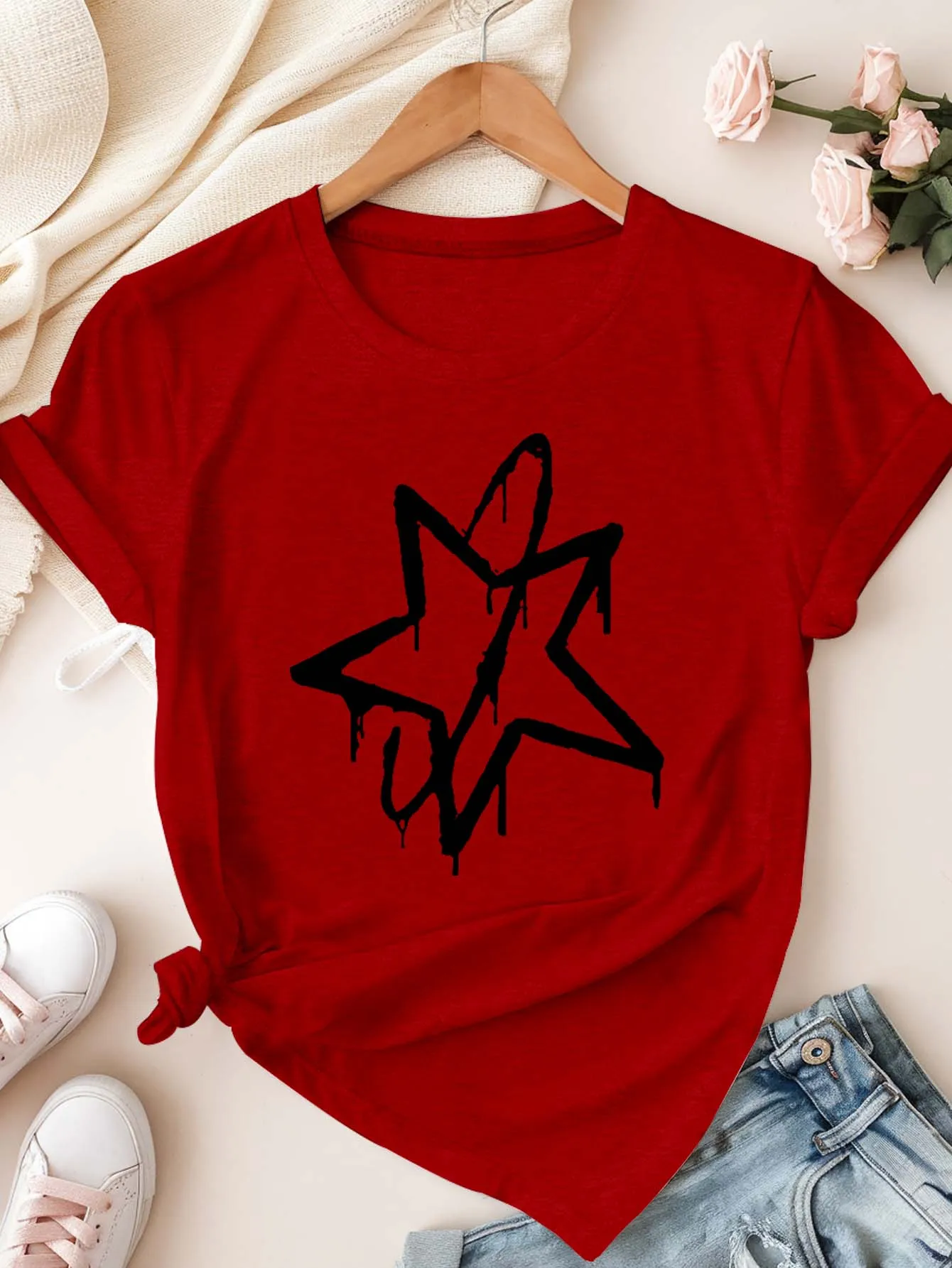 Plus - Maat T-shirt met korte mouwen Oversized dameskleding: Streetwear Dripping Star Graphic