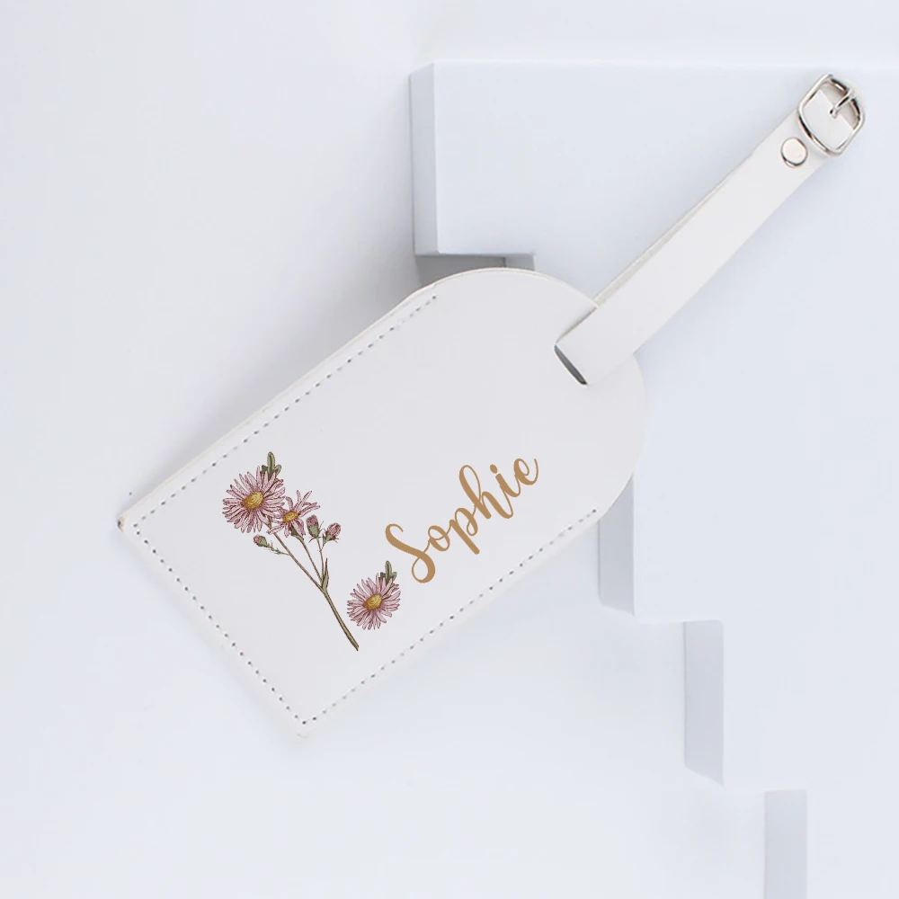 Personalised Luggage Tag Custom Birth Flower with Name Leather for Suitcase Baggage Handbag Travel Bag Label Suitcase Tags Gift