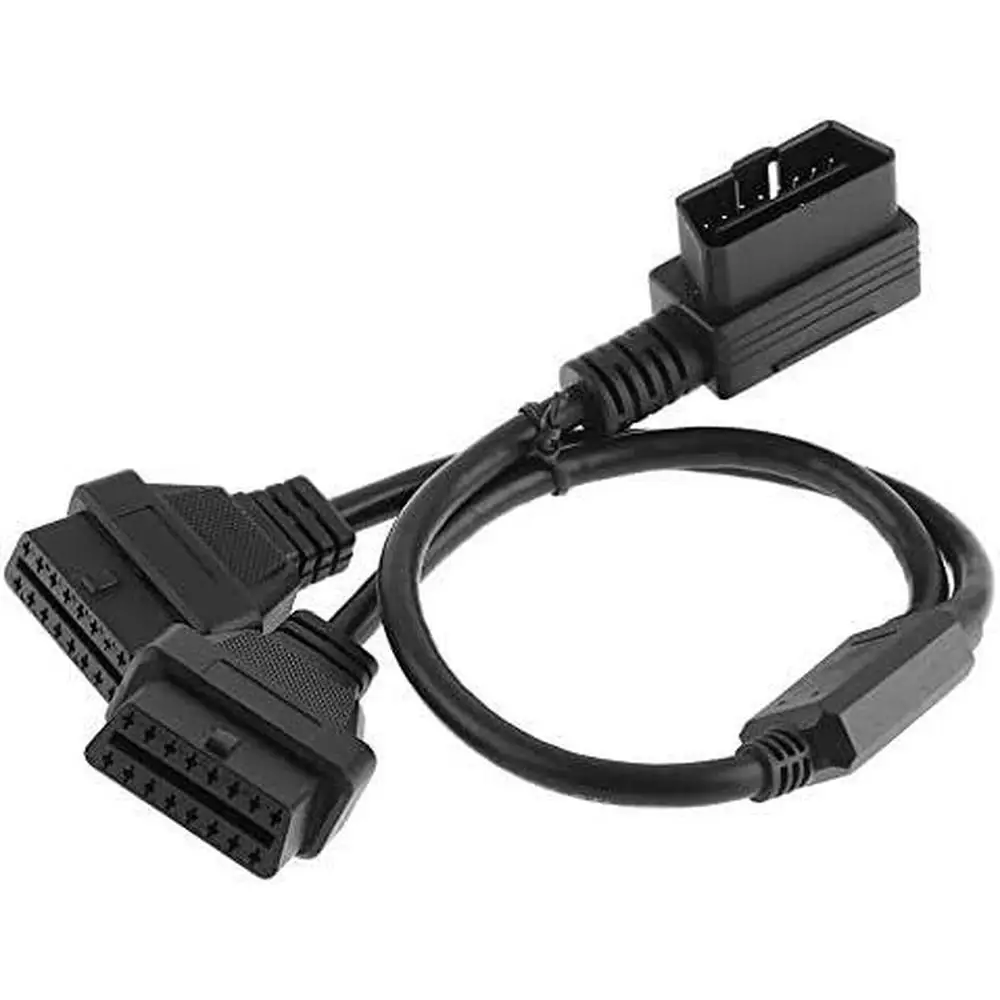 1Pcs OBD II 16 Pin 90 Degree 1 to 2 Extended Connector Adapter Cable For Various Models Black 30cm High-quality Car Accessories