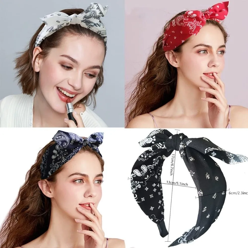 Bow Knot Women's Wide Headband Printed Cross Retro Polka Dot Hairband Korean Style Rabbit Ear Hair Hoop Headwear