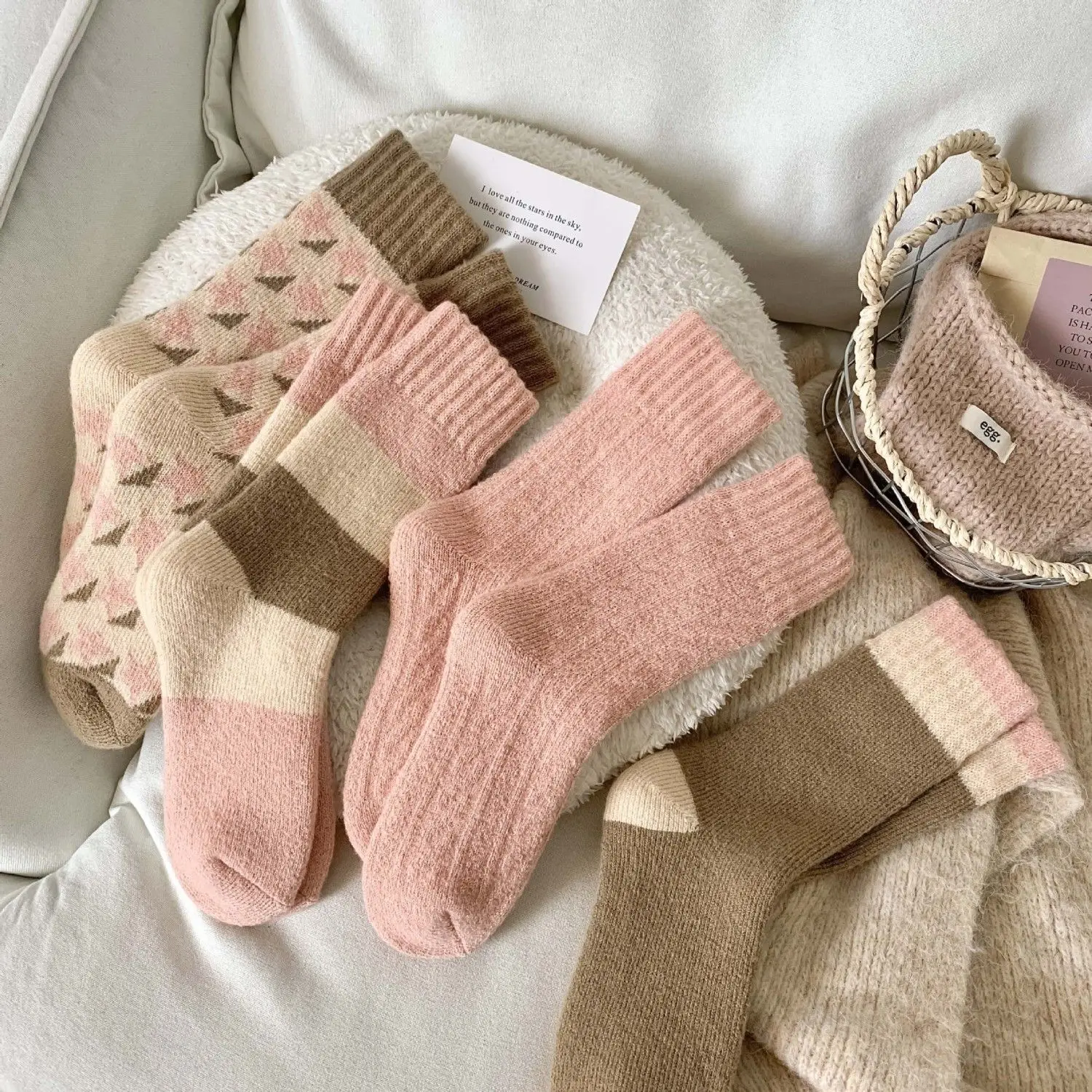 4 Pairs Woolen Loop Socks For Women Autumn And Winter Thick And Warm Mid Tube Socks Japanese Style Pink Sweet And Cute For Girls