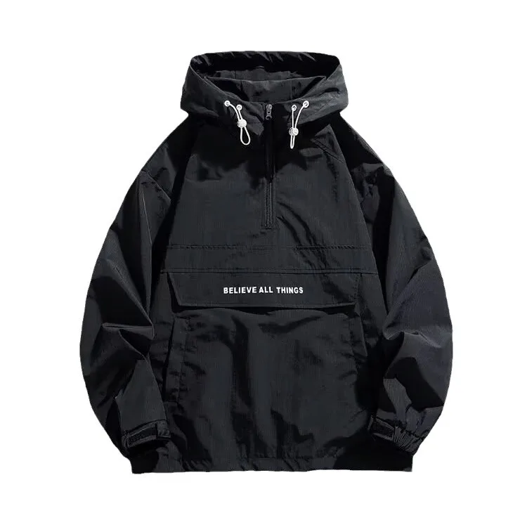 Hooded Pullover Jacket Men's Casual Windbreaker Jacket with Multiple Pockets Outdoor Sports Jacket Half Zip Hooded Hard Shell - Image 5