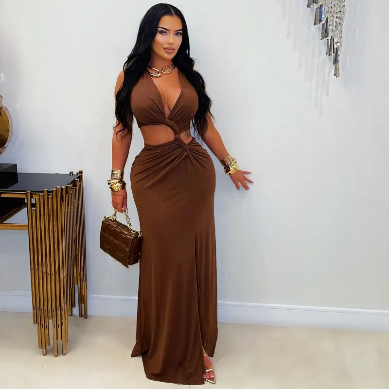 Doyerl Draw String Ruched Evening Dress Women Elegant V-neck Sleeveless Cut Out Night Club Party Prom Bodycon Long Dresses Robe