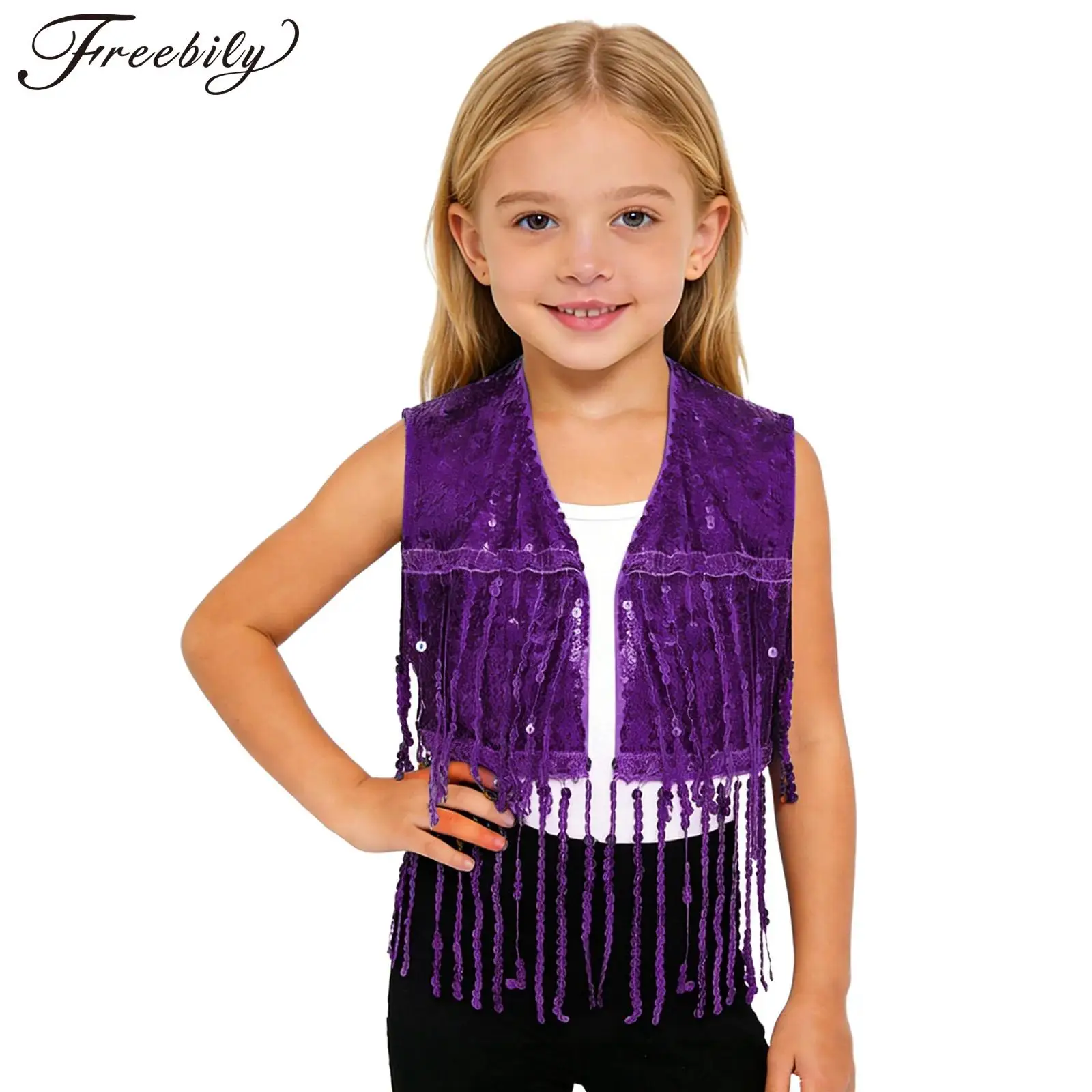 

Детский костюм для диско-джазового танца с блестками, жилет с кисточками, одежда в стиле хип-хоп, жилет с бахромой, детская танцевальная одежда для выступлений ча-ча для девочек