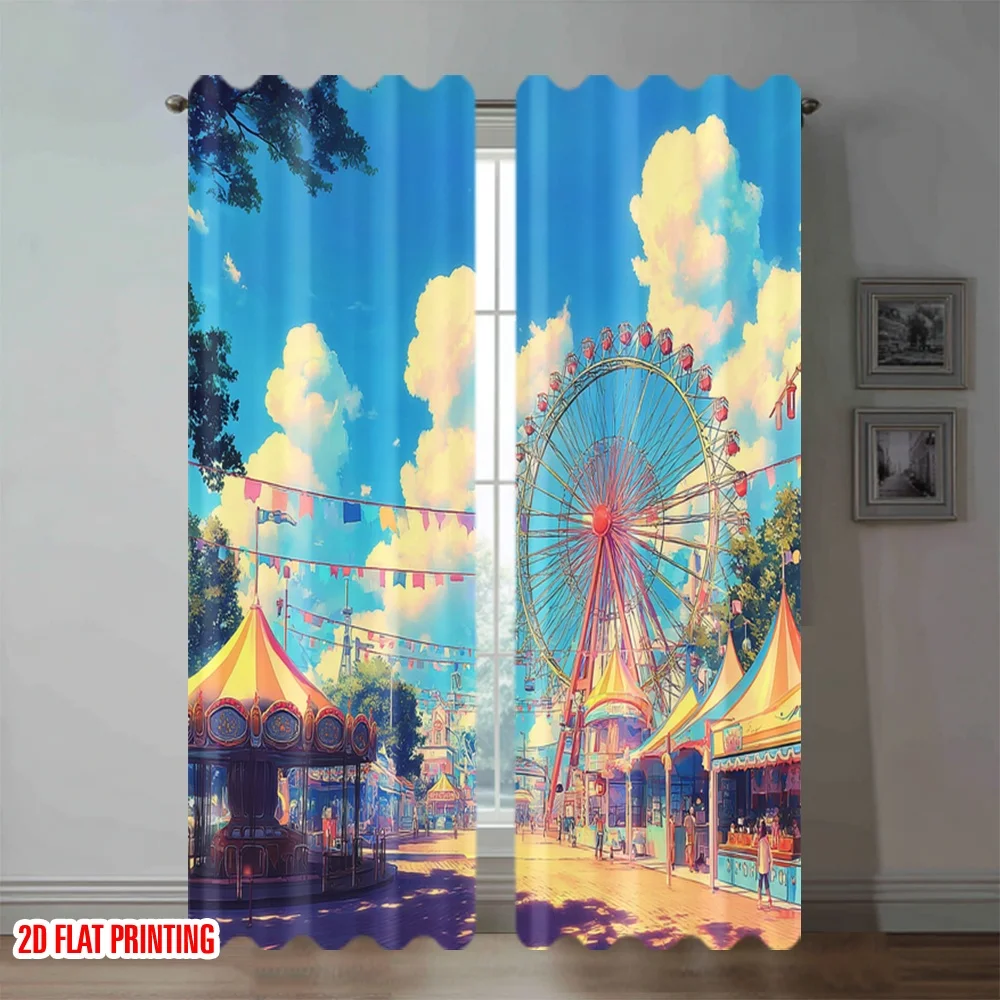 Vibrant Carnival Fairground Curtains Digital Print Rollercoaster Ferris Wheel Window Panels Home Decor Treatment Summer