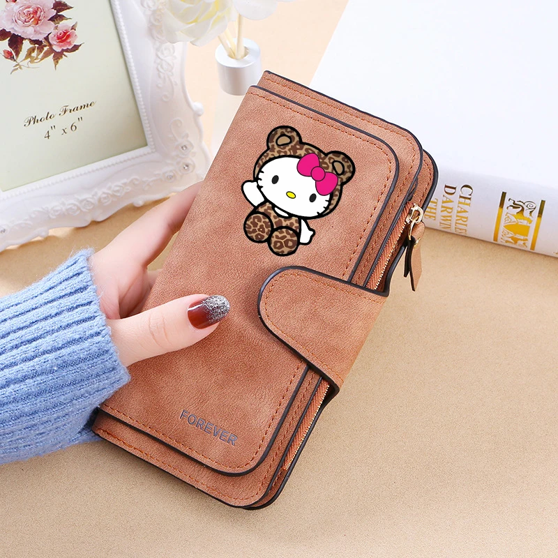 New Hello Kitty Wallet  Women Anime Cartoon Fashion Multi-Card Slot Purse  Buckle Nubuck Material Two-color Fabric Wallets Gift