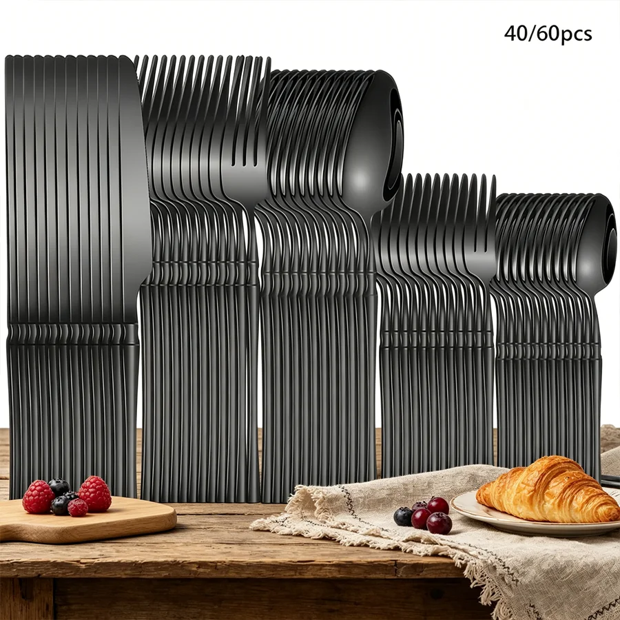Juego de cubiertos de acero inoxidable negro de 40/60 piezas, pulido a espejo, incluye tenedores para cena, cuchillos para carne y cucharas para sopa, apto para uso diario.