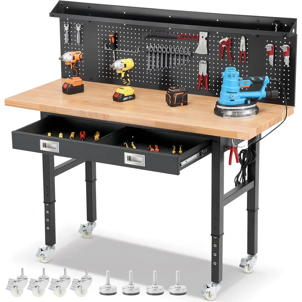 60 Rolling Workbench with Drawers, Pegboard, Power Outlet & LED Light, Adjustable Height 2000 LBS Heavy Duty Workstation with So